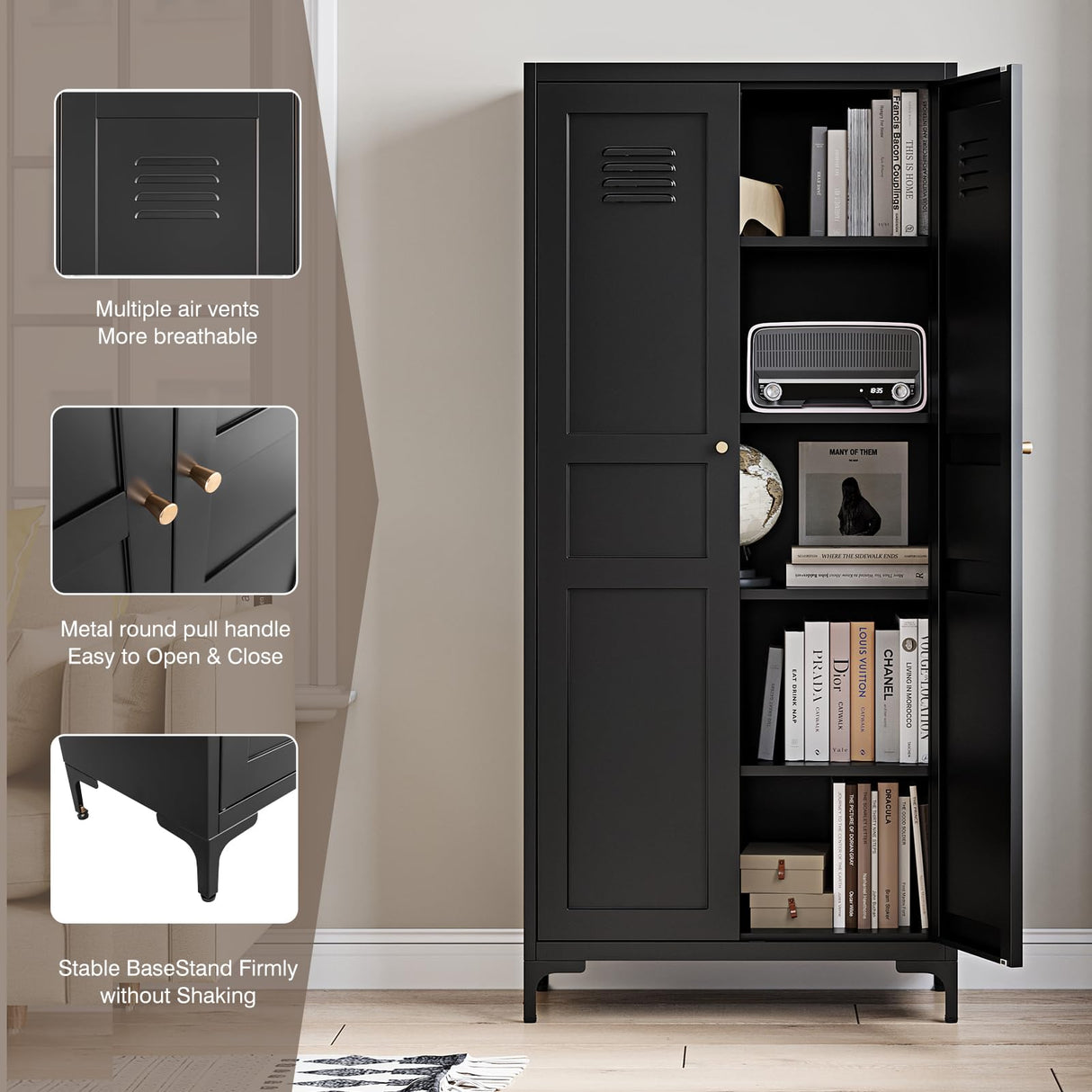 Yizosh Metal Pantry Cabinet, Tall Kitchen Pantry Storage Cabinet with Doos and Adjustable Shelves - 61" Black Cupboard Cabinet for Kitchen, Living Room, Dining Room, Home Yizosh