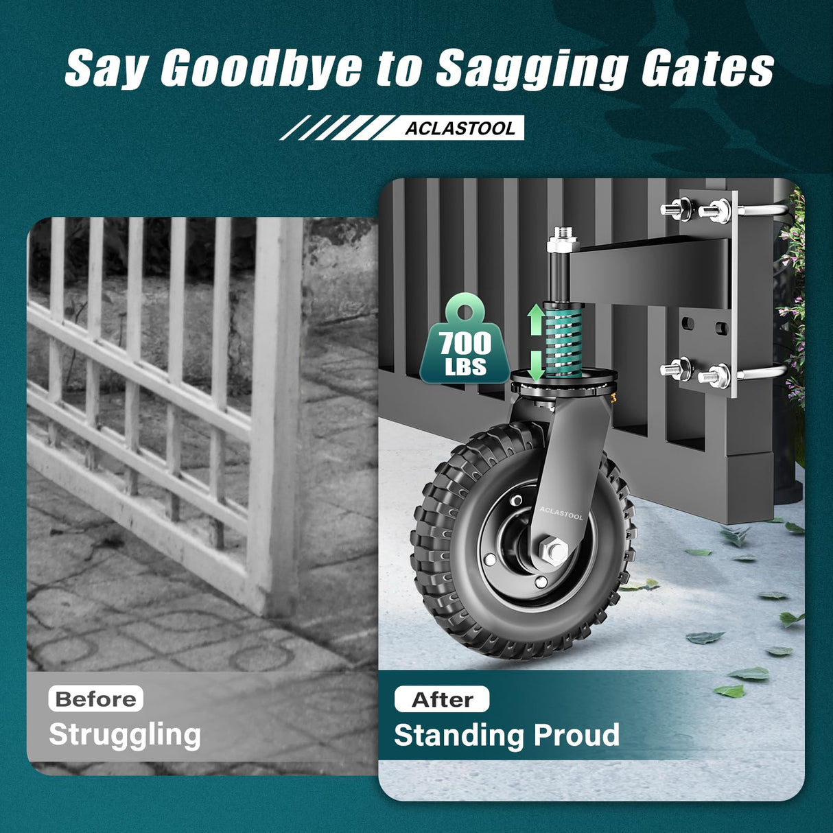 Aclastool Gate Wheel, 8 Inch Spring-Loaded Heavy Duty Caster for Metal Tube & Wooden Gates, 700 lbs Capacity, Black, 2 Pack Aclastool