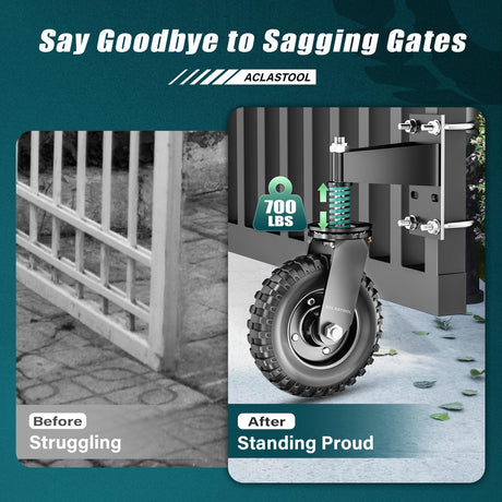 Aclastool Gate Wheel, 8 Inch Spring-Loaded Heavy Duty Caster for Metal Tube & Wooden Gates, 700 lbs Capacity, Black, 2 Pack Aclastool