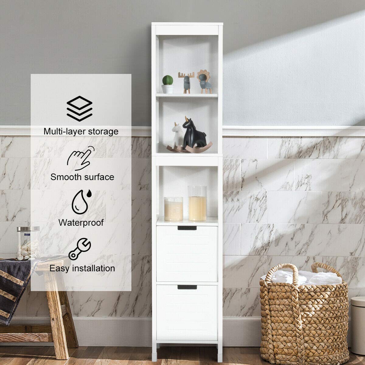 Tangkula White Multifunctional Tall Bathroom Storage Cabinet with 3 Shelves and 2 Drawers Tangkula