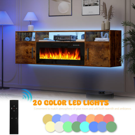 LEMBERI Floating Fireplace TV Stand 70'' Wall Mounted Shelf, LED Light Entertainment Center and Storage, Modern Wood Media TV Console with Highlight Cabinet for Living Room (Brown) LEMBERI