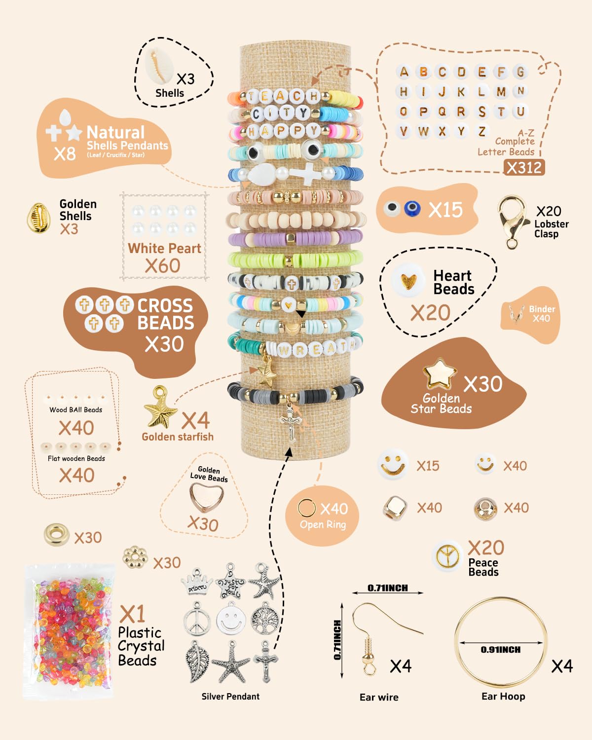 BestNow Clay Beads 3 Boxes Bracelet Making Kit Heishi Beads for Jewelry Making Round Letter Beads with Charm Elastic Strings Friendship Bracelets Holiday Arts and Crafts Gifts for Girls Adults BestNow