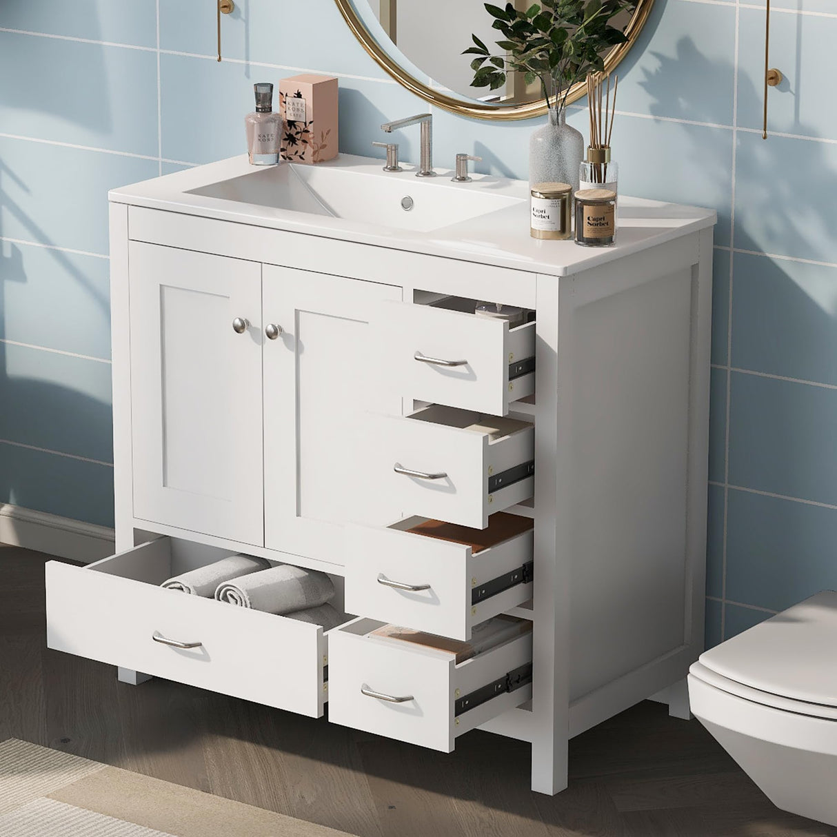 Harper & Bright Designs 36" Bathroom Vanity with Sink, Free Standing Single Basin Vanity Set with Two Doors and 5 Drawers, Solid Wood Bathroom Cabinet with Ceramic Basin for Bathroom, White Harper & Bright Designs