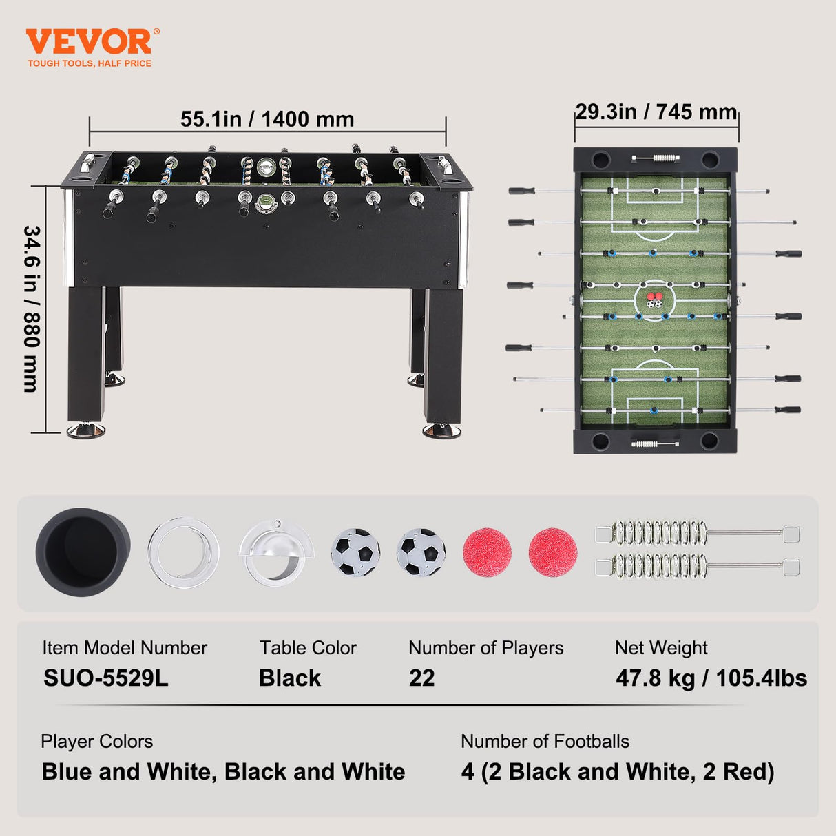 VEVOR Foosball Table, 55 inch Standard Size Foosball Table, Indoor Full Size Foosball Table for Home, Family, and Game Room, Soccer with Foosball Table Set, Includes 4 Balls and 4 Cup Holders VEVOR