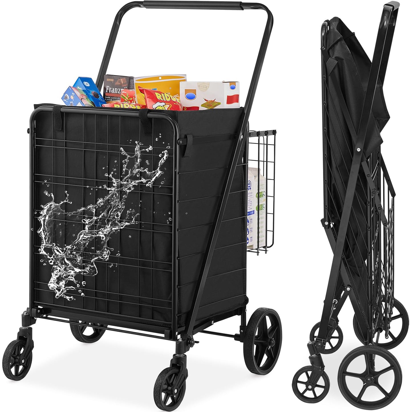 VEVOR Folding Shopping Cart with Removable Waterproof Liner, 330LBS Large Capacity Jumbo Grocery Cart with Dual Basket, 360° Swivel Wheels, Dense Metal Mesh Base, Heavy Duty Utility Cart for  - WoodArtSupply