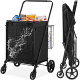 VEVOR Folding Shopping Cart with Removable Waterproof Liner, 330LBS Large Capacity Jumbo Grocery Cart with Dual Basket, 360° Swivel Wheels, Dense Metal Mesh Base, Heavy Duty Utility Cart for Shopping VEVOR