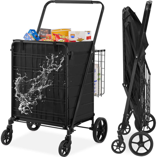 VEVOR Folding Shopping Cart with Removable Waterproof Liner, 330LBS Large Capacity Jumbo Grocery Cart with Dual Basket, 360° Swivel Wheels, Dense Metal Mesh Base, Heavy Duty Utility Cart for Shopping