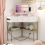 SILKYDRY Corner Desk with Charging Station, 90° Triangle Desk w/ 2 Drawers, Storage Shelves, Corner Vanity Table for Bedroom, Compact Computer Desk for Small Space SILKYDRY