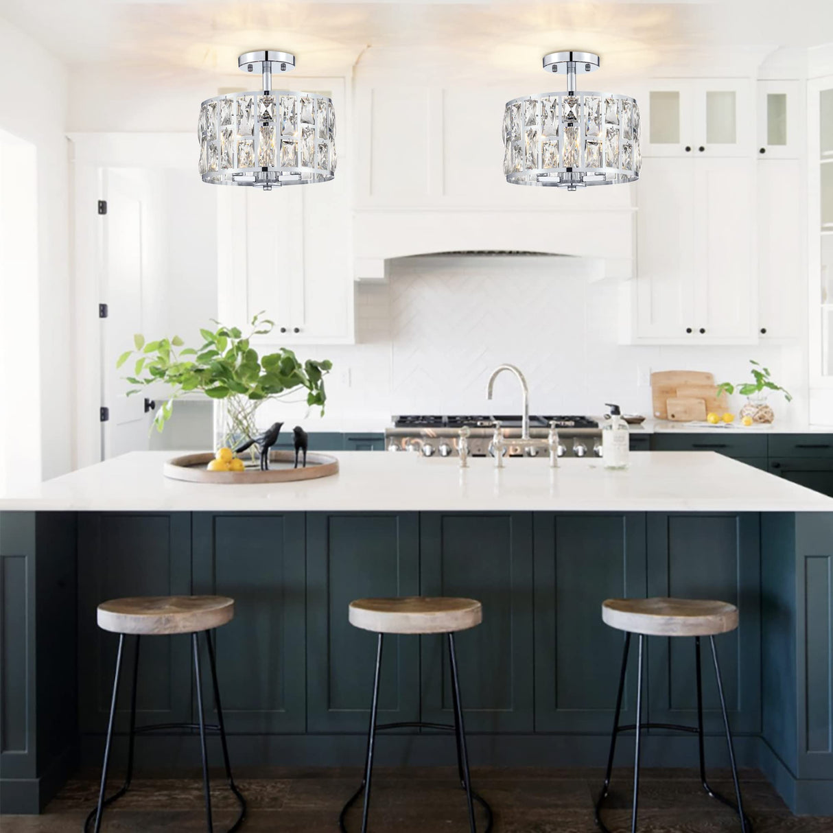 MEXO Farmhouse Crystal Round Semi Flush Mount Modern Close to Ceiling Light Fixture, Cylinder Drum Shade Ceiling Lights 3LT Ceiling Lamp for Kitchen Island Dinning Room Bedroom MEXO