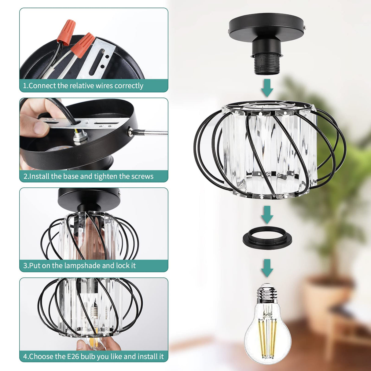 FRIDEKO HOME 2-Pack Semi Flush Mount Ceiling Light - Small Crystal Chandelier Hallway Black Metal Cage Modern Light Fixture for Entryway Bedroom Porch Kitchen FRIDEKO HOME