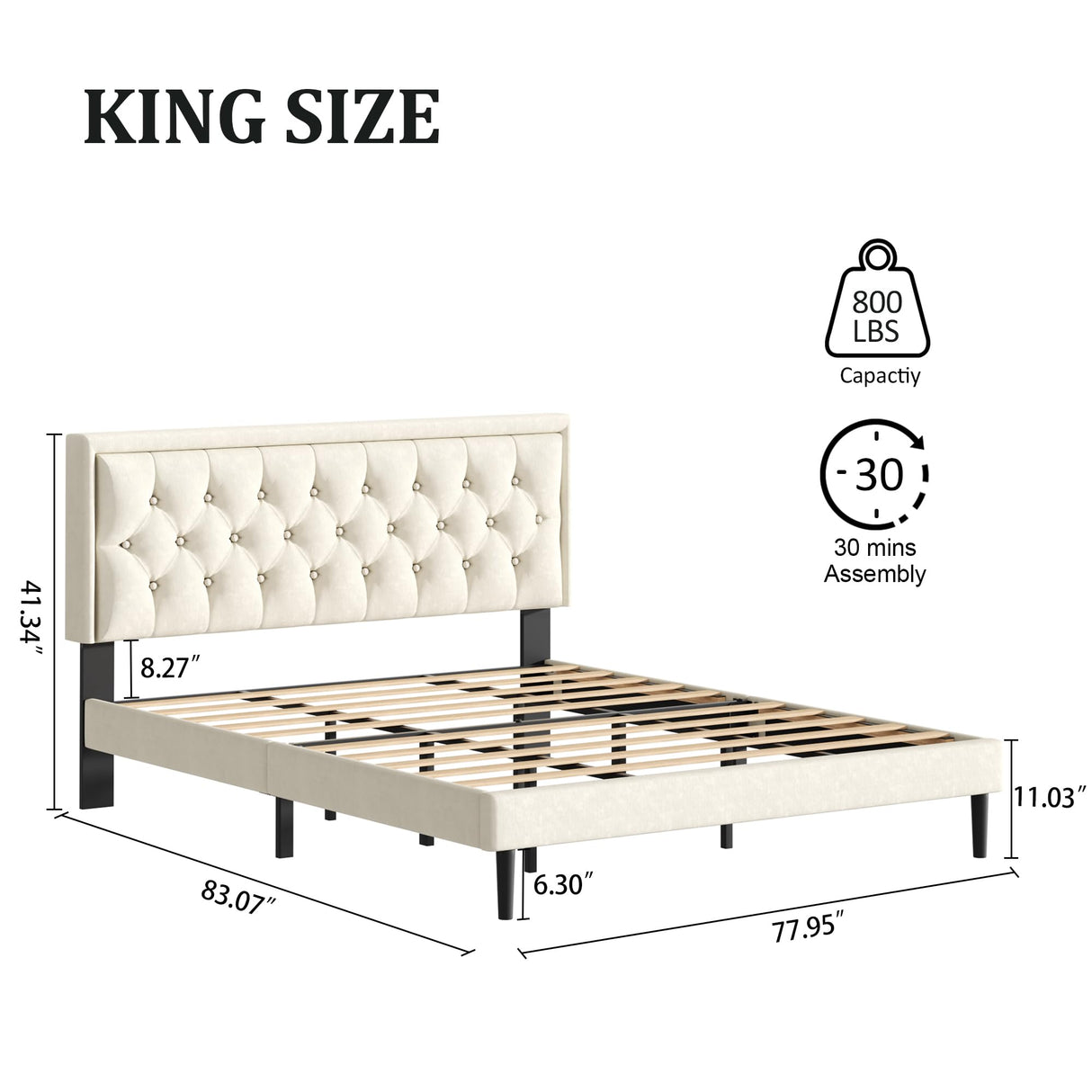 CXVX King Size Platform Bed Frame with Upholstered Velvet Button Tufted Headboard, Mattress Foundation with Wooden Slat Support, No Box Spring Needed, Easy Assembly, Noise Free, Beige CXVX