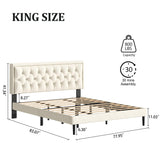 CXVX King Size Platform Bed Frame with Upholstered Velvet Button Tufted Headboard, Mattress Foundation with Wooden Slat Support, No Box Spring Needed, Easy Assembly, Noise Free, Beige CXVX