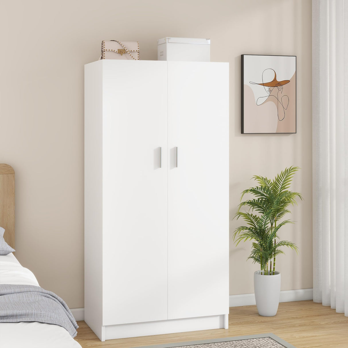 Panana 2 Door Wood Wardrobe Cabinet Closet with Hanging Rail and 2 Shelves, Bedroom Armoire for Storage (White) Panana