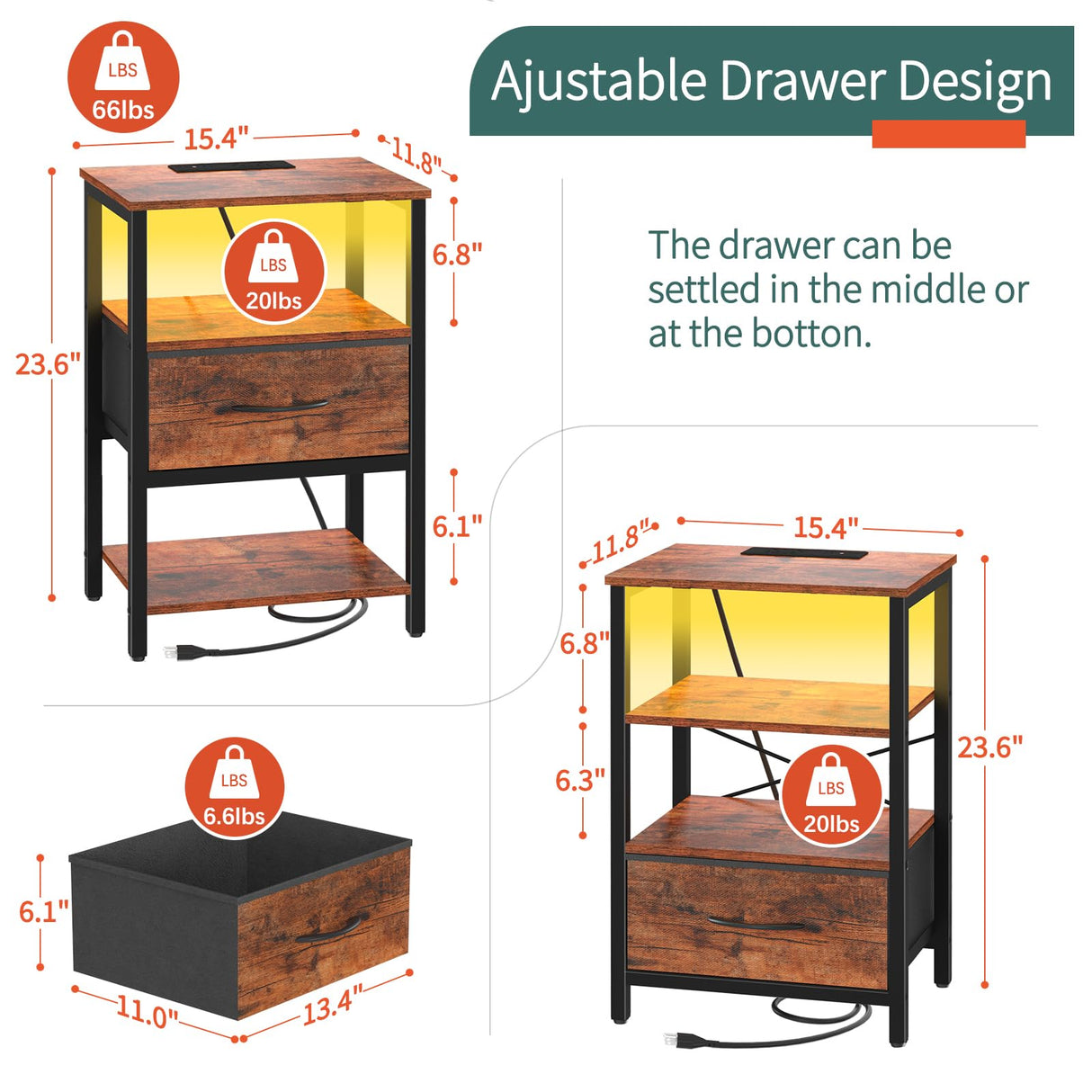 Yoobure Side Table with Storage, LED Night Stand with Charging Station, End Tables Living Room, Nightstand for Bedroom with Adjustable Fabric Drawer, 3-Tier Wood Bedside Table, Berry Brown Yoobure