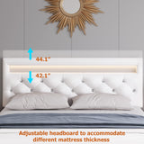 Keyluv Modern Upholstered Queen Bed Frame with LED Lights, Faux Leather Low Profile Platform Bed Frame, Adjustable Crystal Button Tufted Headboard, Strong Wood Slat Support, Easy Assembly, White Keyluv