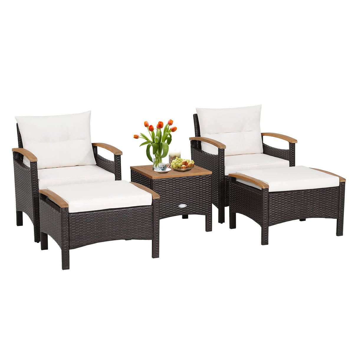 HAPPYGRILL 5 Pieces Patio Furniture Set Outdoor PE Wicker Lounge Chair and Ottoman Set with Cushions and Side Table with Acacia Wood Tabletop, Outdoor Conversation Set for Garden Poolside Backyard HAPPYGRILL