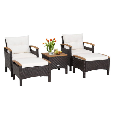 HAPPYGRILL 5 Pieces Patio Furniture Set Outdoor PE Wicker Lounge Chair and Ottoman Set with Cushions and Side Table with Acacia Wood Tabletop, Outdoor Conversation Set for Garden Poolside Backyard HAPPYGRILL