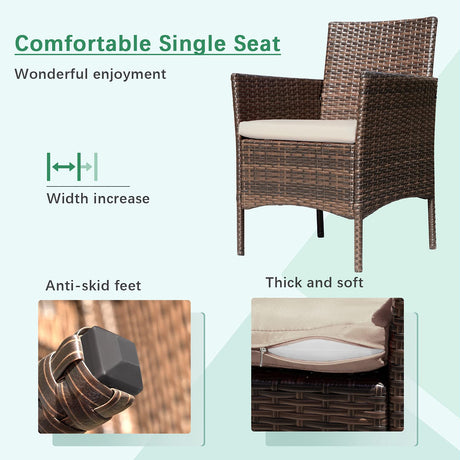 Greesum Patio Furniture 4 Pieces Conversation Sets Outdoor Wicker Rattan Chairs Garden Backyard Balcony Porch Poolside loveseat with Soft Cushion and Glass Table, Brown and Beige Greesum