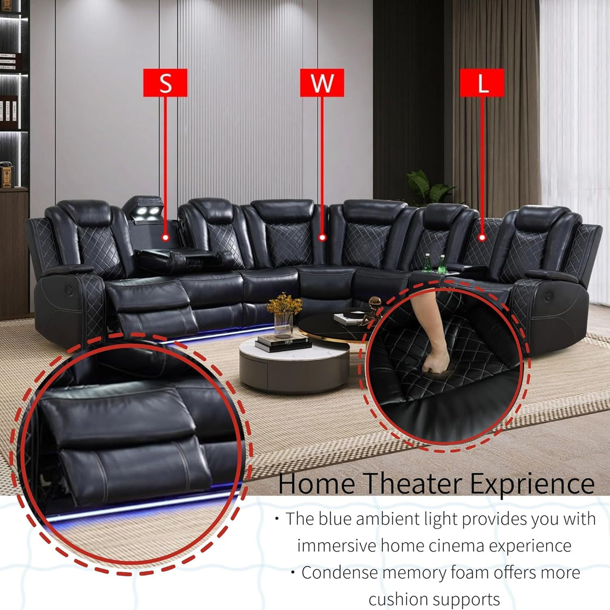 Power Recliner Sofa Sectional Sofa with LED Light for Living Room, Air Leather Reclining Corner Sectional Sofa Set, Cup Holder, Storage Console for Home Theater Seating (Black, Sectional) AYCP Furniture