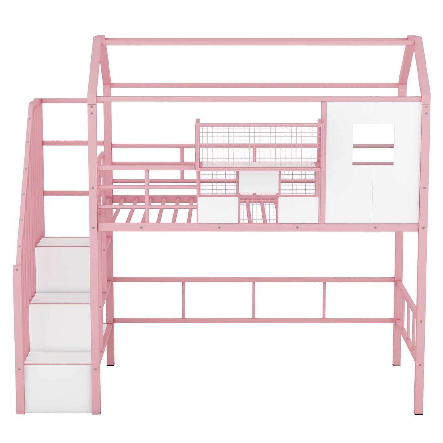 Twin Size House Loft Bed with Stairs and Storage, Heavy-Duty Metal Princess Loft Bed Frame with Storage Box and Safety Rail for Girls Kids Teens, Pink