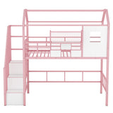 Twin Size House Loft Bed with Stairs and Storage, Heavy-Duty Metal Princess Loft Bed Frame with Storage Box and Safety Rail for Girls Kids Teens, Pink Bellemave