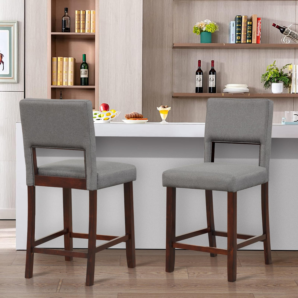 Giantex 24.5" Counter Height Bar Stools Set of 4, Linen Barstools with Back, Rubber Wood Legs, Max Load 400 Lbs, Modern Upholstered Bar Dining Chairs for Kitchen Island Pub, Grey Giantex