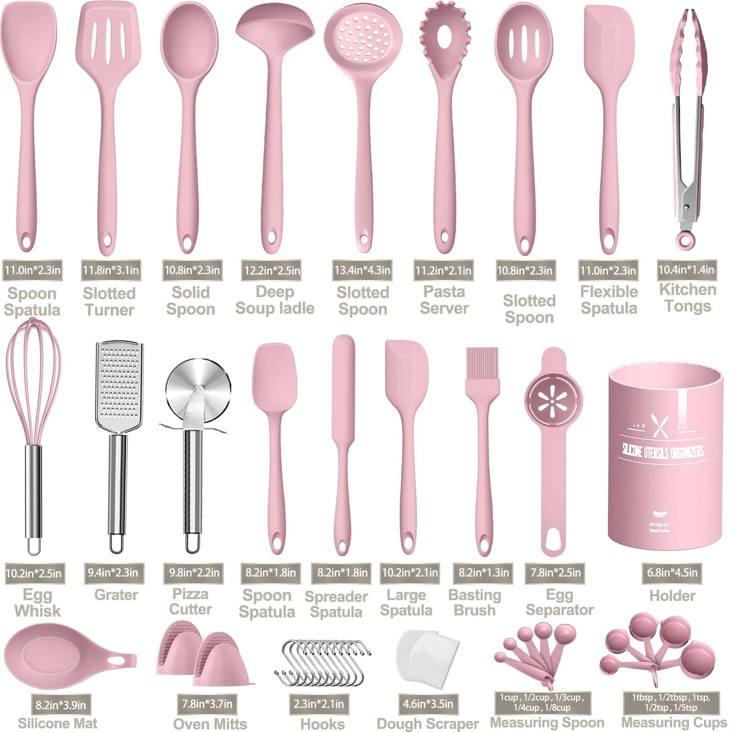 Silicone Cooking Kitchen Utensil Set, AIKKIL 43 Pcs Pink Cooking Utensils Set, Turner, Tongs, Spoon, Spatula, Kitchen Gadgets Tools Set For Nonstick Cookware, Heat Resistant (Dishwasher, BPA Free)