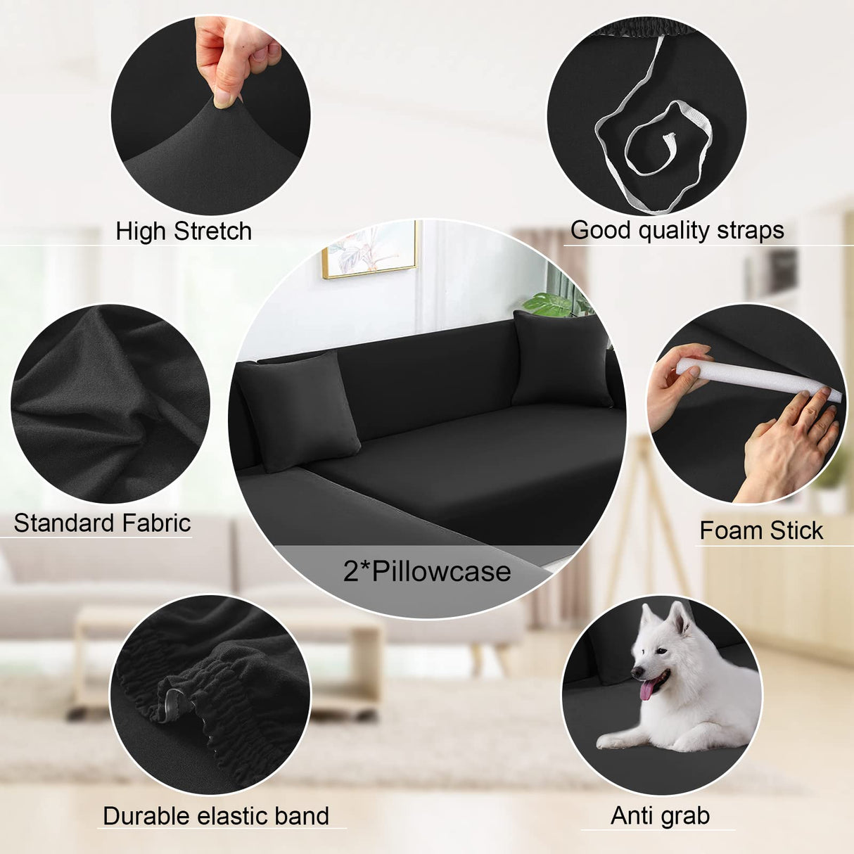 NAISI Couch Cover L Shape 2 Pieces Sofa Cover Soft Stretch Slipcovers with 2pcs Pillowcases Furniture Protector Sectional Couch Covers 3 Seater + 3 Seater(Black) NAISI