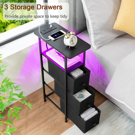 LOAKEKEL Narrow End Tables Living Room Set of 2 with Charging Station, Skinny Side Table with Fabric Drawers, Slim LED Nightstand for Bedroom, Small Spaces, Couch, Black, HETNDP03LBK LOAKEKEL