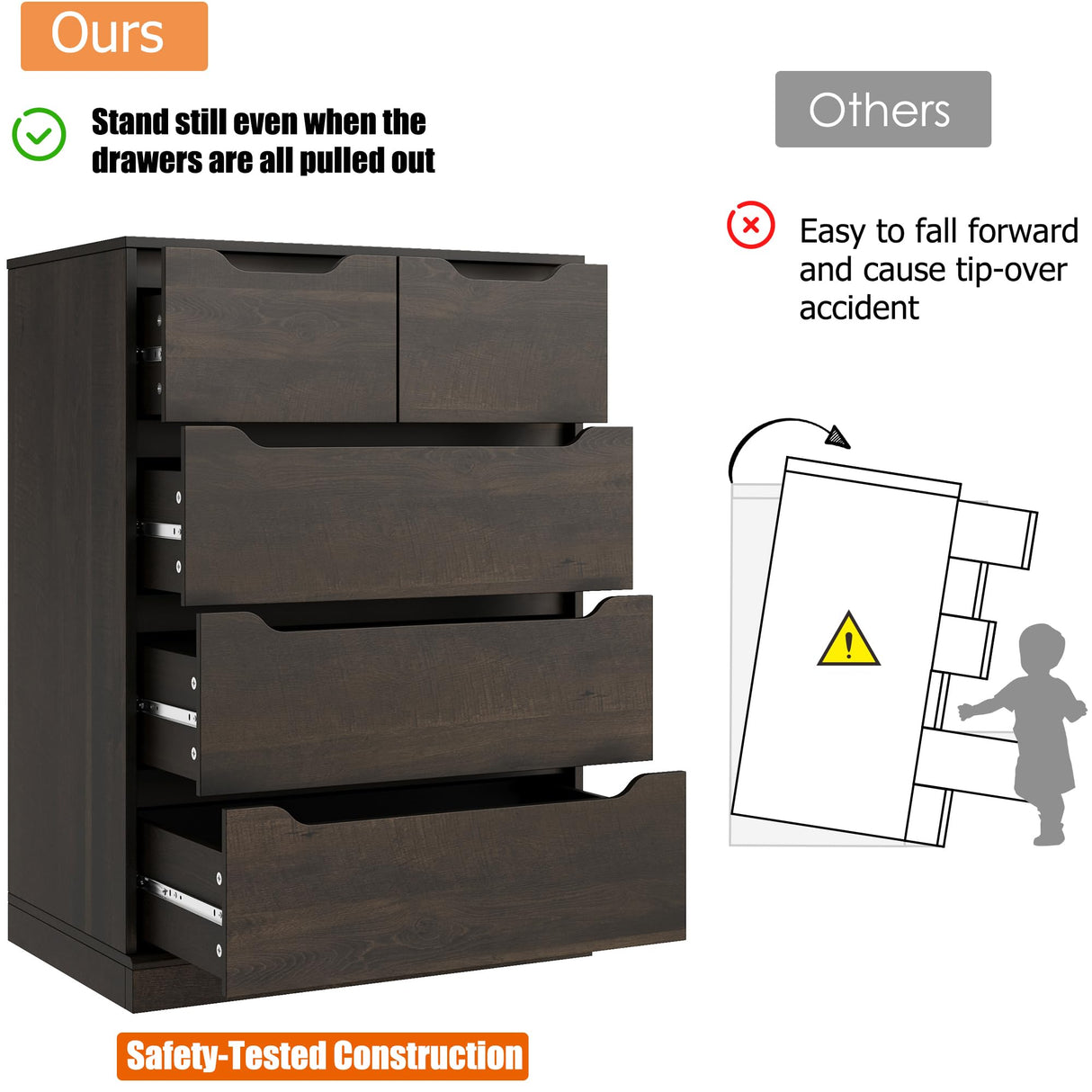 HOSTACK Modern 5 Drawer Dresser for Bedroom, Chest of Drawers with Storage, Wood Storage Chest Organizers with Cut-Out Handles, Accent Storage Cabinet for Living Room, Entryway, Hallway, Dark Brown HOSTACK