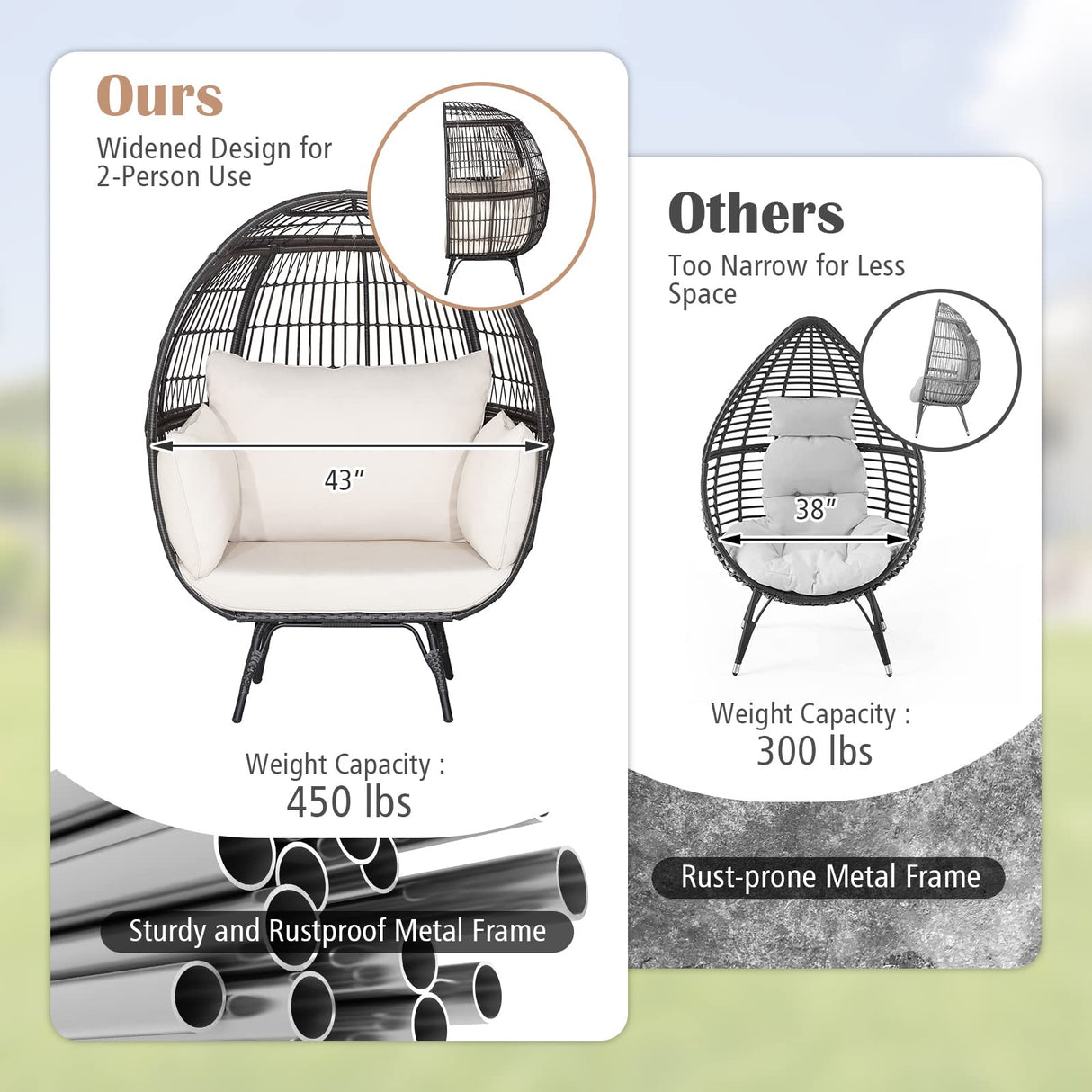 Giantex Oversized Wicker Egg Chair, Outdoor & Indoor Hammock Chair with Thick Cushions, 2-Person PE Rattan Lounge Chair Swing Chair for Patio, Backyard,Porch, 450 LBS Weight Capacity (Mix Brown) Giantex