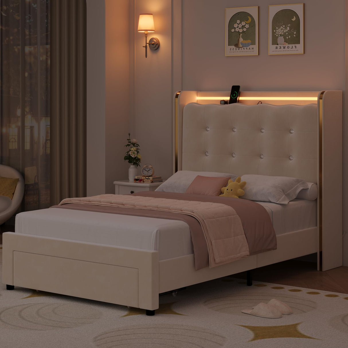 HITHOS Upholstered Twin Led Bed Frame with Charging Station and Storage Drawer, Velvet Princess Platform Bed Frames with Crystal-Button Tufted Headboard for Girls | Kids, No Box Spring Need, Beige HITHOS