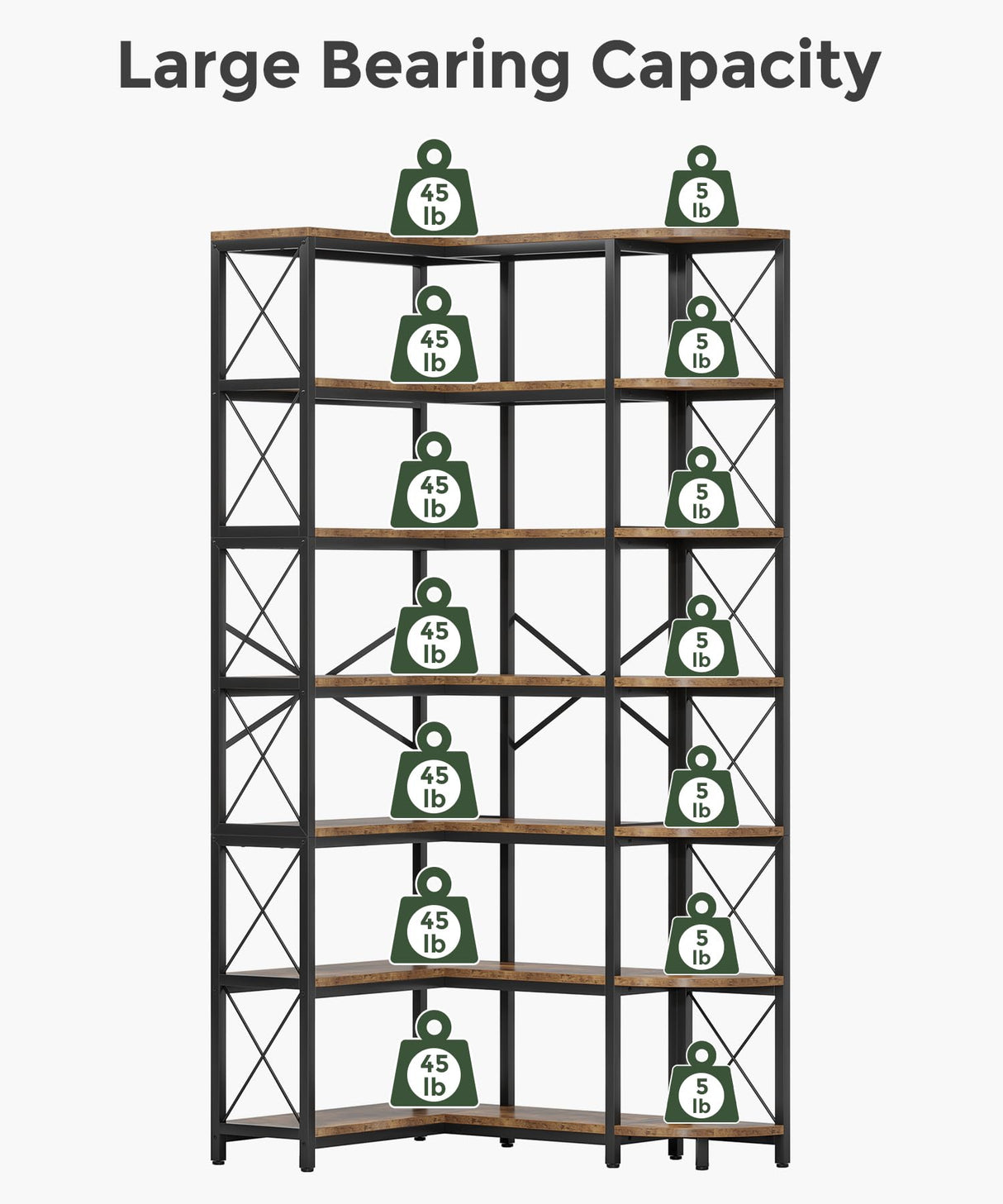 Condemo 7-Shelf Reversible Corner Bookshelf, Modern Industrial Tall Bookcase, 7-Tier Large L-Shaped Storage Shelf Display Rack with Metal Frame for Living Room, Home Office, Bedroom, Rustic Brown Condemo