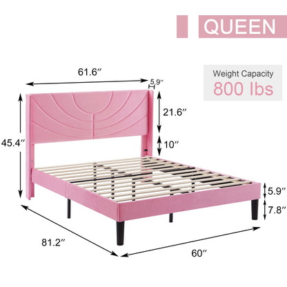 VECELO Queen Size Upholstered Platform Bed Frame with Fabric Headboard,Wooden Slats Support/No Box Spring Needed/Mattress Foundation/Easy Assembly,Pink