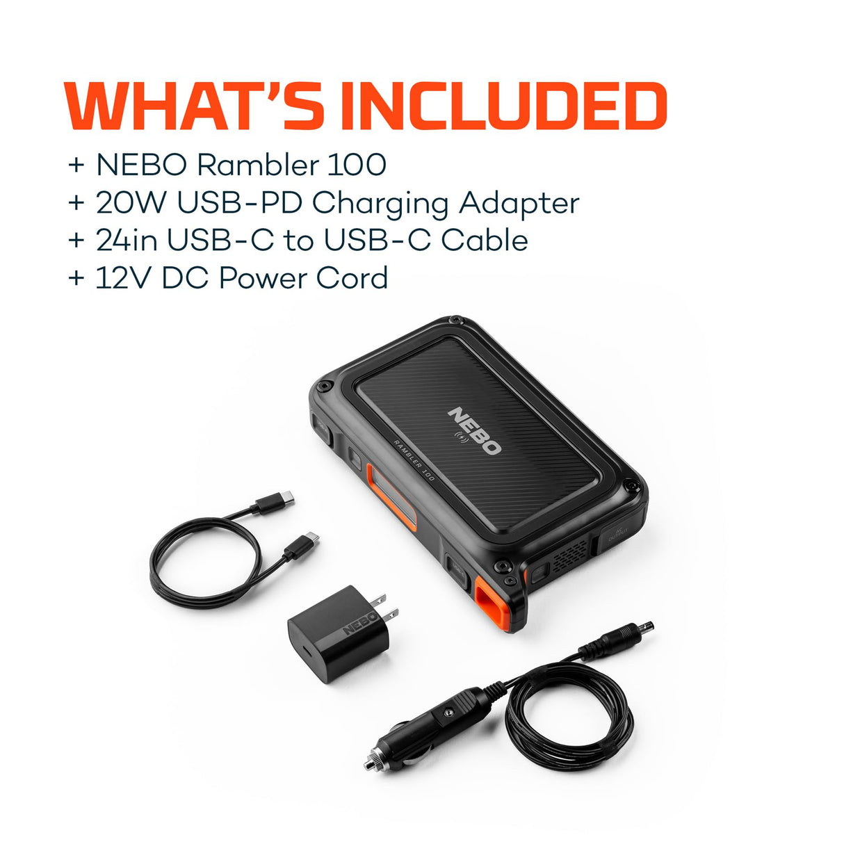 NEBO RAMBLER Portable Power Station, Powerful, Handheld, Versatile, Multi-Device Charging, Solar Ready with Integrated AC Inverter for Power to Work Remotely On or Off the Grid, Rambler 100 NEBO
