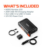 NEBO RAMBLER Portable Power Station, Powerful, Handheld, Versatile, Multi-Device Charging, Solar Ready with Integrated AC Inverter for Power to Work Remotely On or Off the Grid, Rambler 100 NEBO