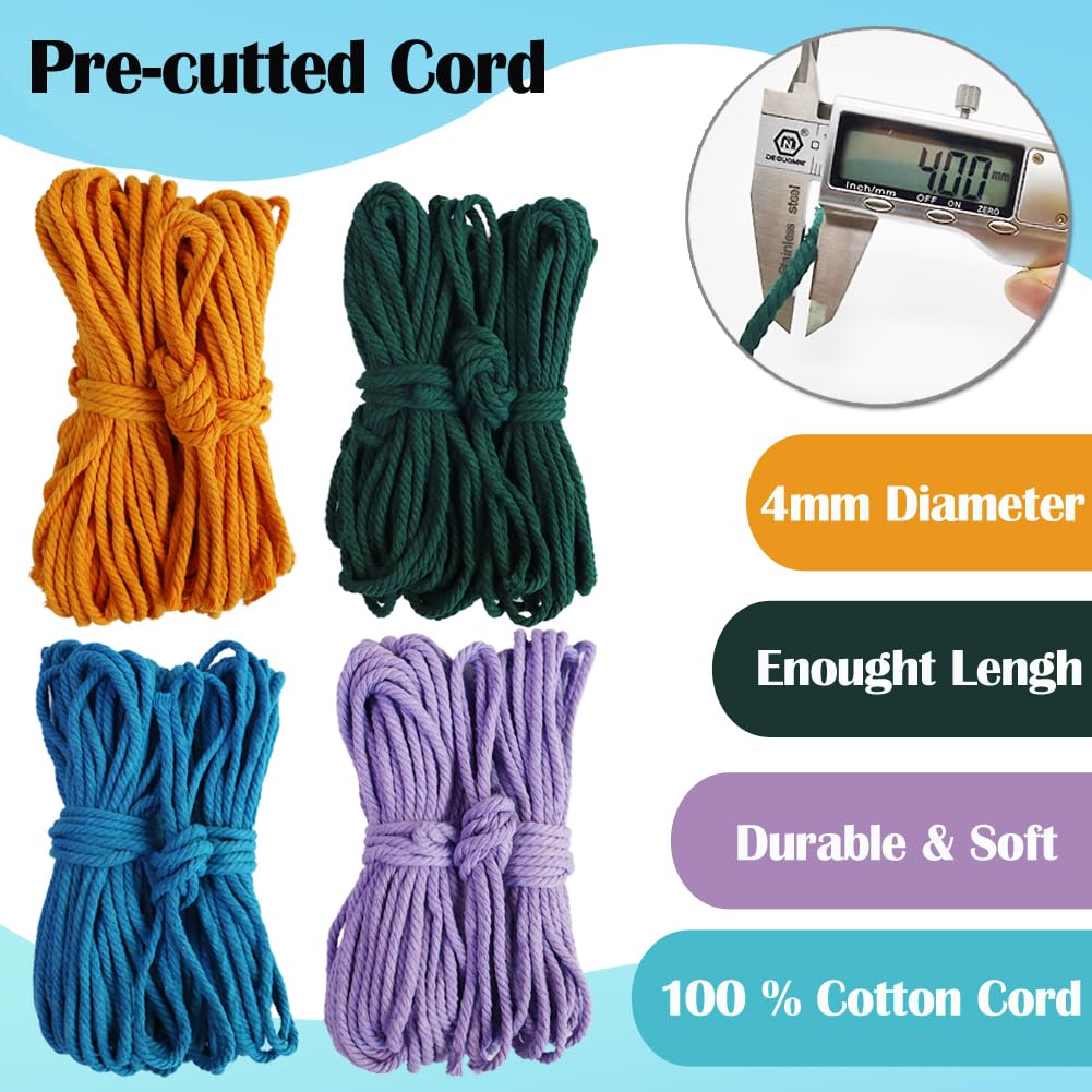 Ewparts Macrame Plant Hanger Kit with Instruction Book Tutorials Metal Rings 4mm Macrame Cord Green/Purple/Orange/Blue Pre-Cutted for Making 4 Macrame Plant Hangers Macrame Kit for Adults Beginners Ewparts