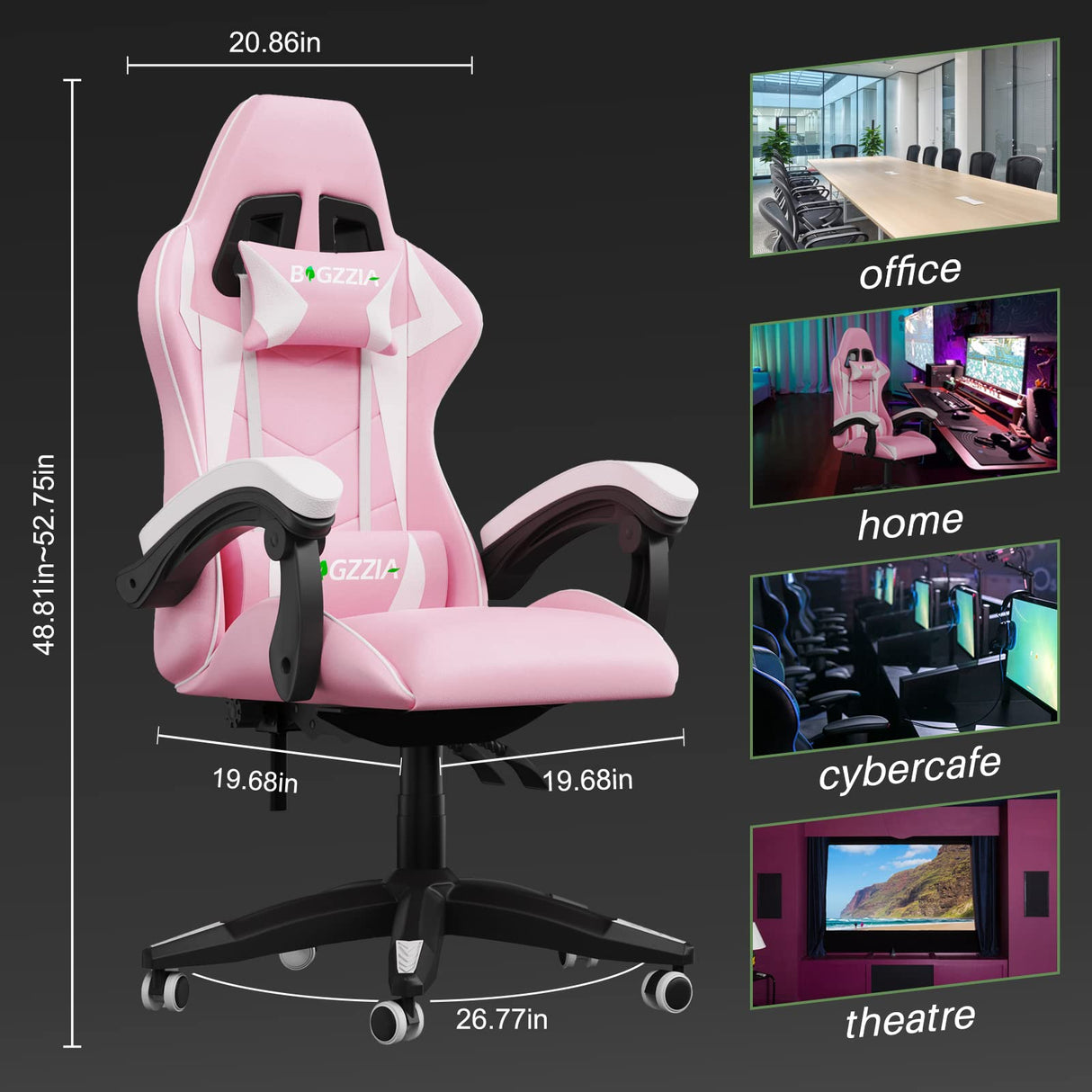 Pink Gaming Chair, Ergonomic Racing Computer Seat with Headrest and Lumbar Support, PU Leather High Back Height Adjustable Reclining Swivel Game Chairs for Adults Racingreat
