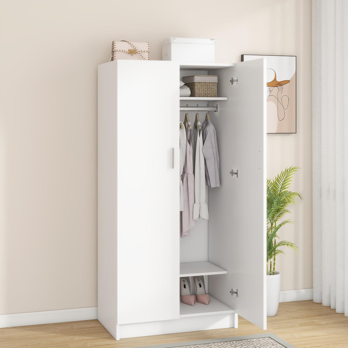 Panana 2 Door Wood Wardrobe Cabinet Closet with Hanging Rail and 2 Shelves, Bedroom Armoire for Storage (White) Panana