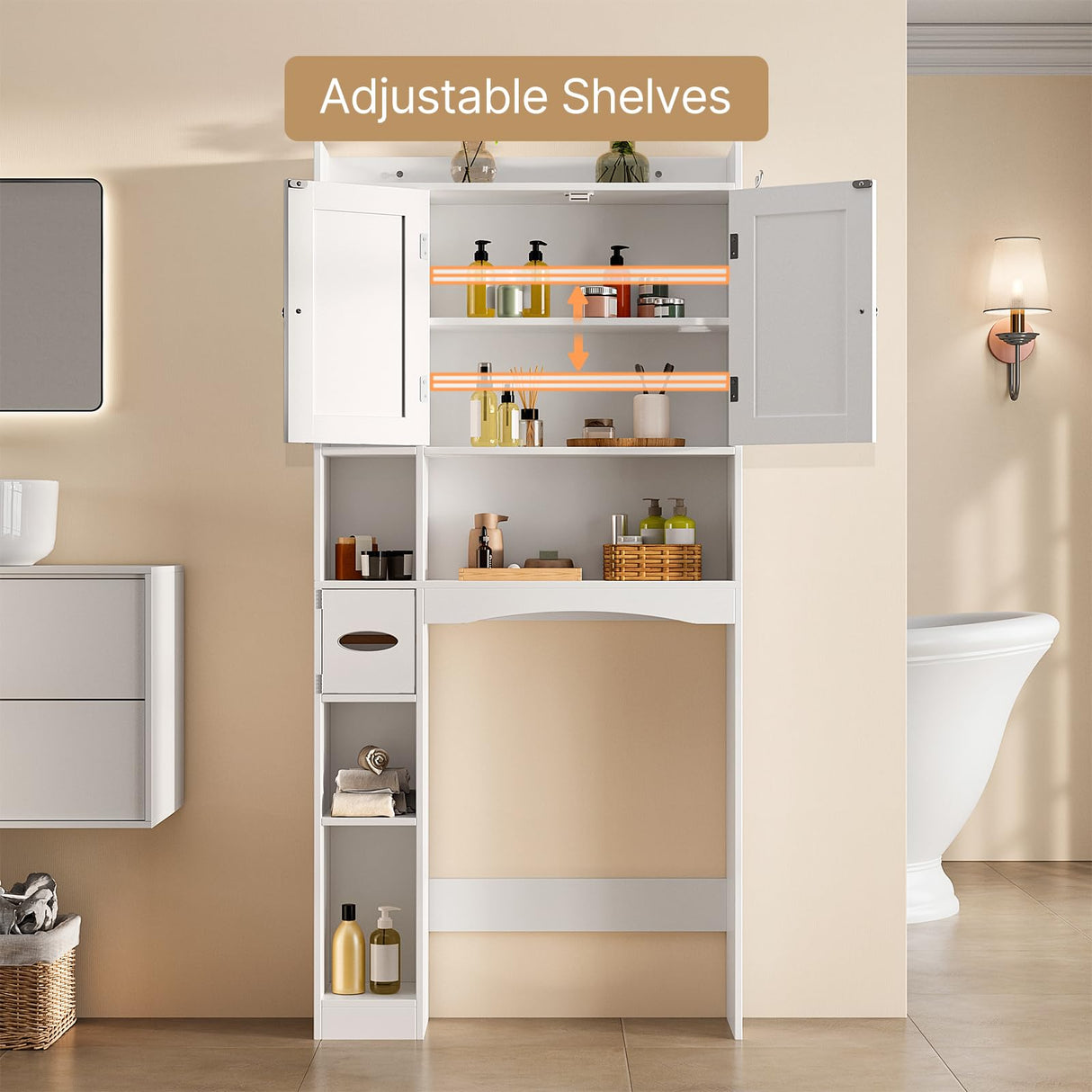 Gizoon Over The Toilet Storage Cabinet, 66''H Over Toilet Bathroom Organizer, Over Toilet Storage Cabinet with 2 Doors, Paper Holder and Racks, Adjustable Shelf, for Bathroom, Laundry, White Gizoon