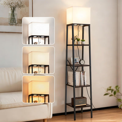 Jetfans Ladder Shelf with Lamp, 4-Tier Bookshelf Bookcase, Freestanding Corner Storage Shelve for Home Office, Living Room, Kitchen, Bedroom, Industrial, Rustic Brown