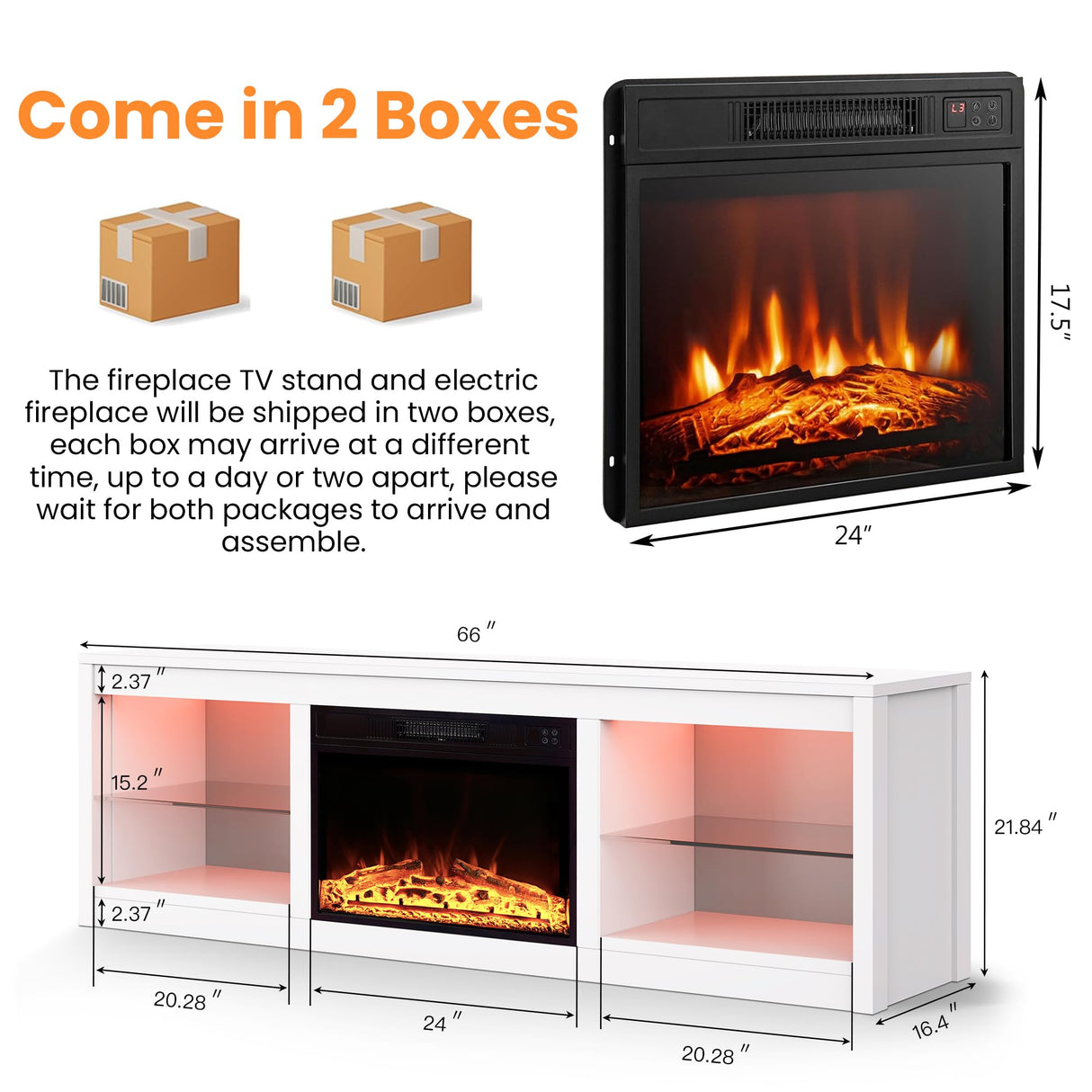 COMEFFIE 66 inch Electric Fireplace TV Stand up to 75'' TV-Entertainment Center with 24'' Fireplace and Led Light-TV Console with Adjustable Glass Shelves, Remote Control (Black with Fireplace) COMEFFIE