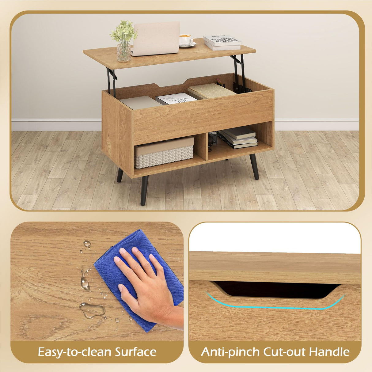 Giantex Lift Top Coffee Table, Modern Cocktail Table w/Hidden Compartment & 2 Open Shelves, Flip Top Center Table, Wooden Pull up Coffee Table for Living Room, Reception Room, Office (Natural) Giantex