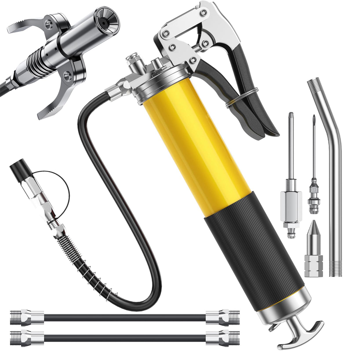 Fantictas Grease Gun Kit, 8000 PSI Leak-Proof Pistol Grip Grease Gun with Lock Coupler, 18" Spring Flex Hose, 14oz Load, 2 Standard Hose, Grease Injector, Needle, Coupler, Rigid Pipe, Sharp Nozzle Fantictas