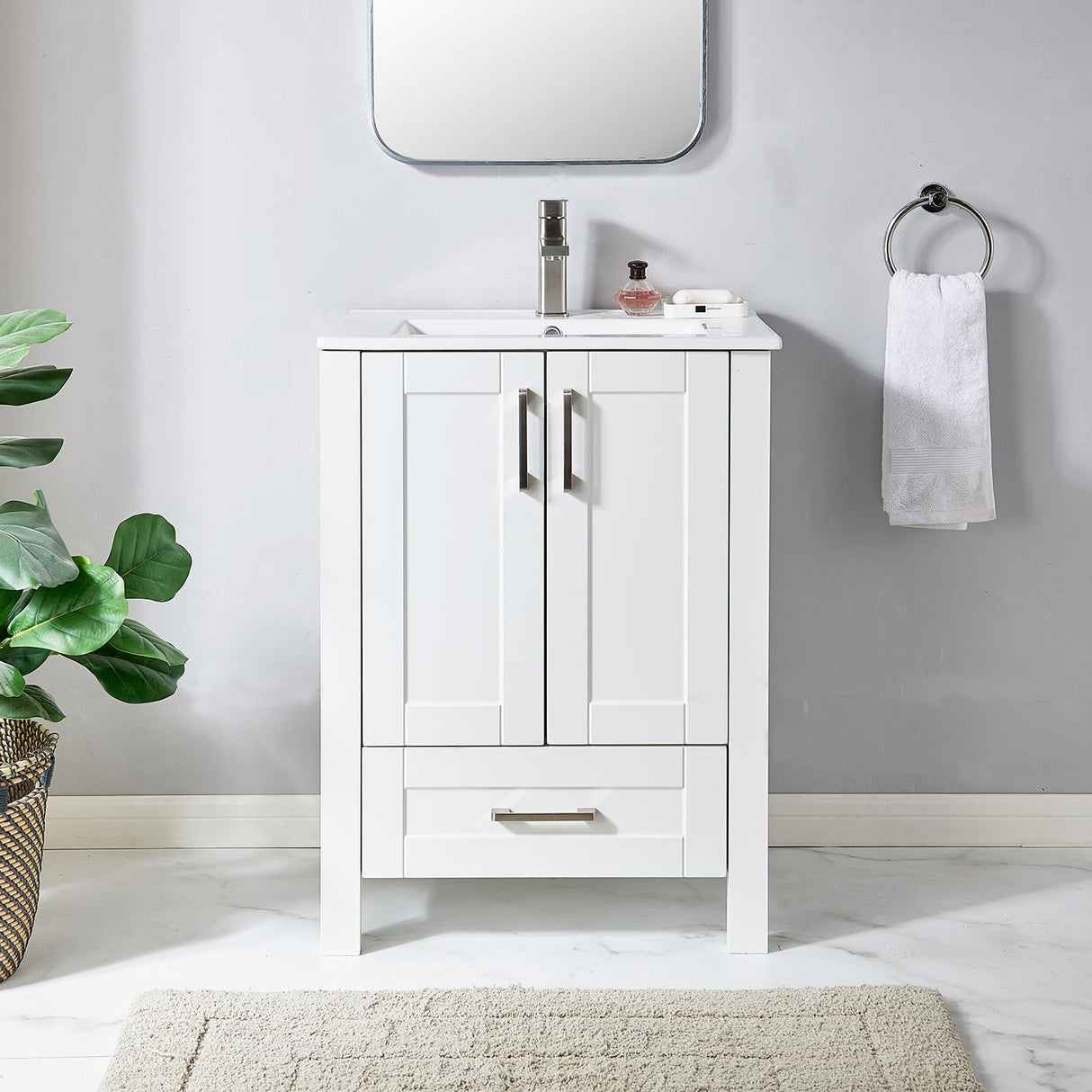 Wenore Home 24 Inch Bathroom Vanity with Sink, Small Bathroom Vanity Sink Set, White Bathroom Vanity Cabinet Combo, Modern Bath Vanity with Single Hole Ceramic Sink Wenore Home