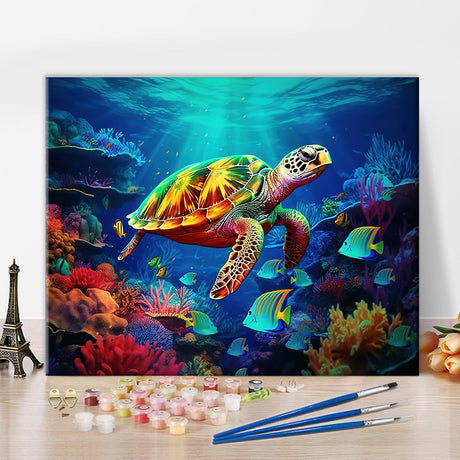 DIY Paint by Numbers for Adults Sea Turtle Paintings Adult Paint by Number Kits on Canvas Sea Animals Colorful Coral Ocean Painting by Numbers Kit for Adults Vintage Art Crafts 16x20 in TUMOVO