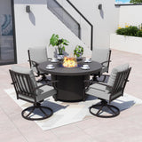 Kurapika 5 Piece Metal Outdoor Patio Furniture Set with Round Fire Pit Table, Patio Conversation Sets 4 Swivel Chairs with Thick Cushion and 40000 BTU Fire Pit Table, Gray Kurapika