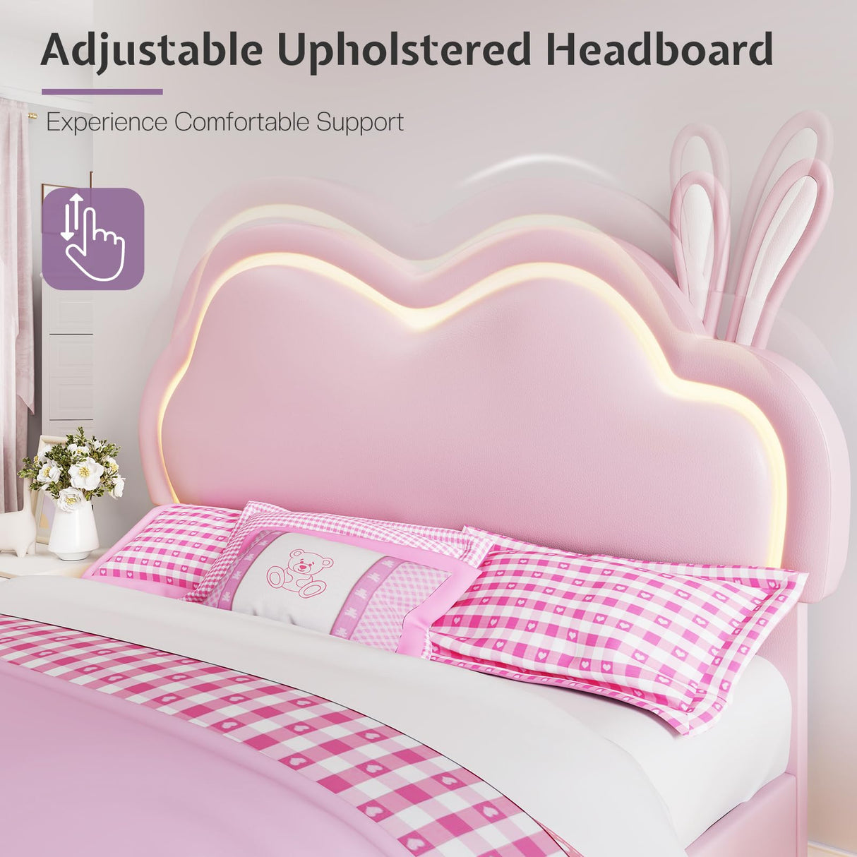 Jocisland LED Full Bed Frame for Girls Upholstered Floating Bed with Cute Cloud Headboard, No Box Spring Needed, Leather, Pink Jocisland