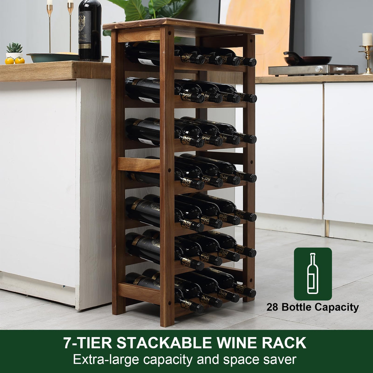 everous Wooden Wine Rack, 7 Tire Floor Wine Storage Rack, 28 Bottles Holder, Freestanding Display Rack for Kitchen, Pantry, Cellar, Natural Free everous