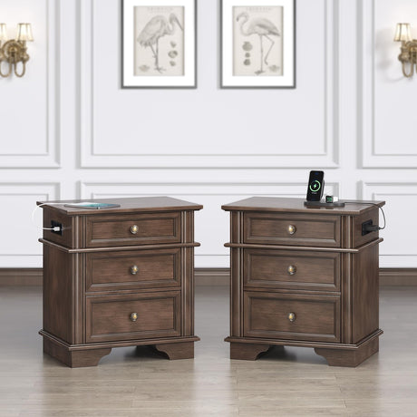 VINGLI Brown Nightstand Set of 2, Night Stand with Charger Station, Wood Nightstand with Textured Drawers, Large Nightstand, 3 Drawer Nightstand, Bedroom Nightstand, Bedside Table, Side Table VINGLI